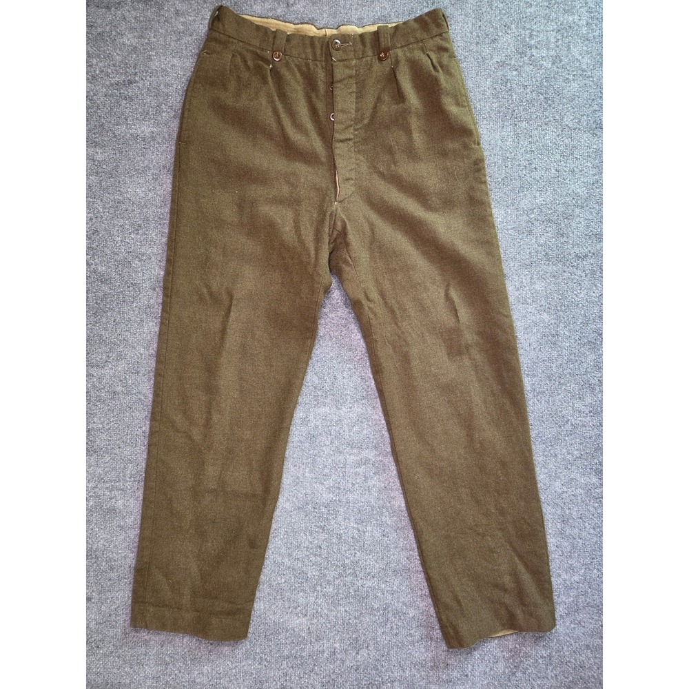 Vintage French Military Wool Trousers Mens 33x29 Brown Olive Drab Button Fly